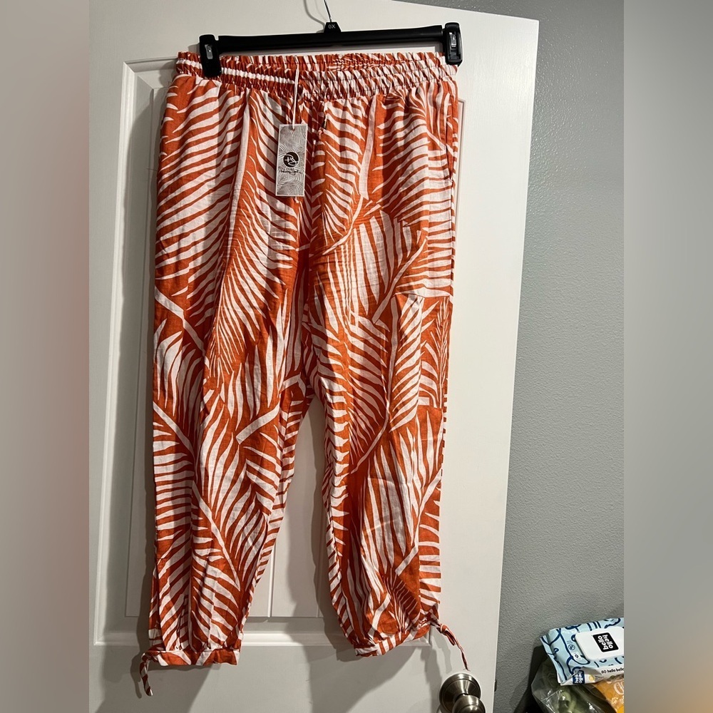 NEW NWT Panama Jack flowy dressy wide leg pants orange white floral L large - Picture 1 of 10